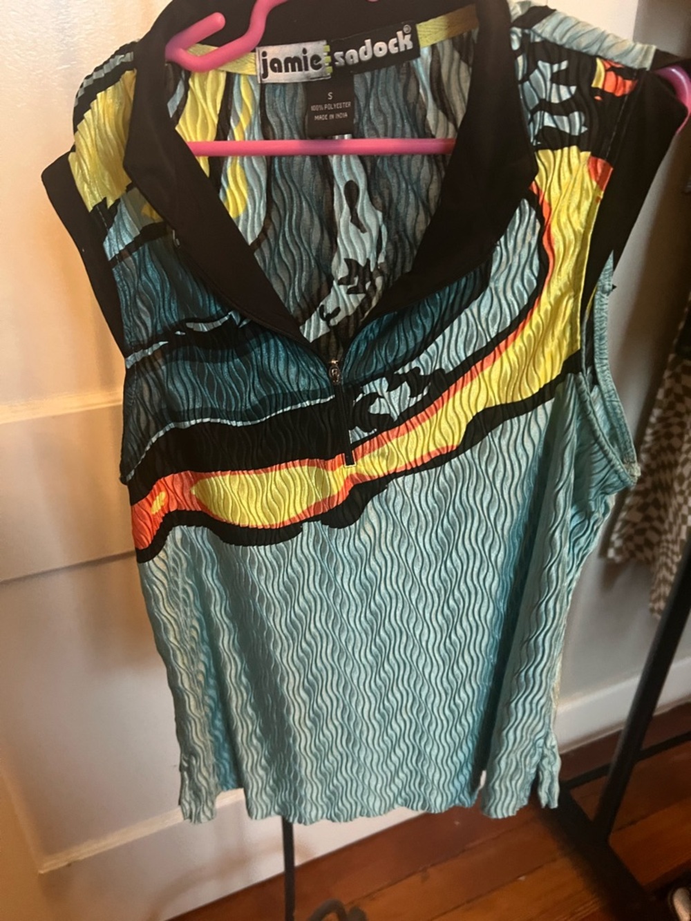 jamie sadock Teal Wave Print Sleeveless Golf Top with Yellow & Orange Accents